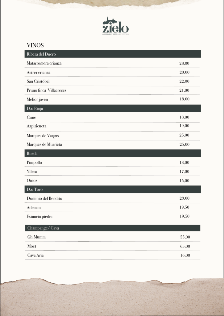 Carta de Vinos Restaurante Zielo Menu Campo de tiro